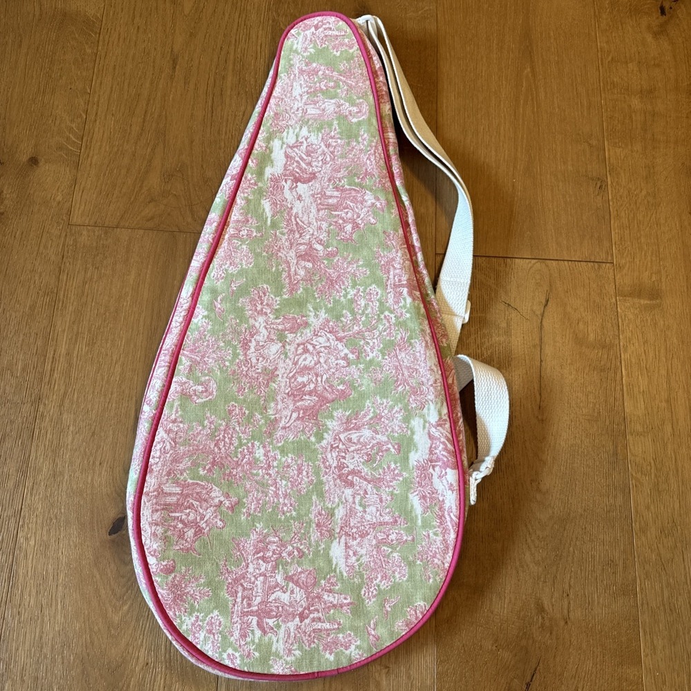 Ame & Lulu Boston Green Pink Toile Zip Up Tennis Racquet Bag With Pocket